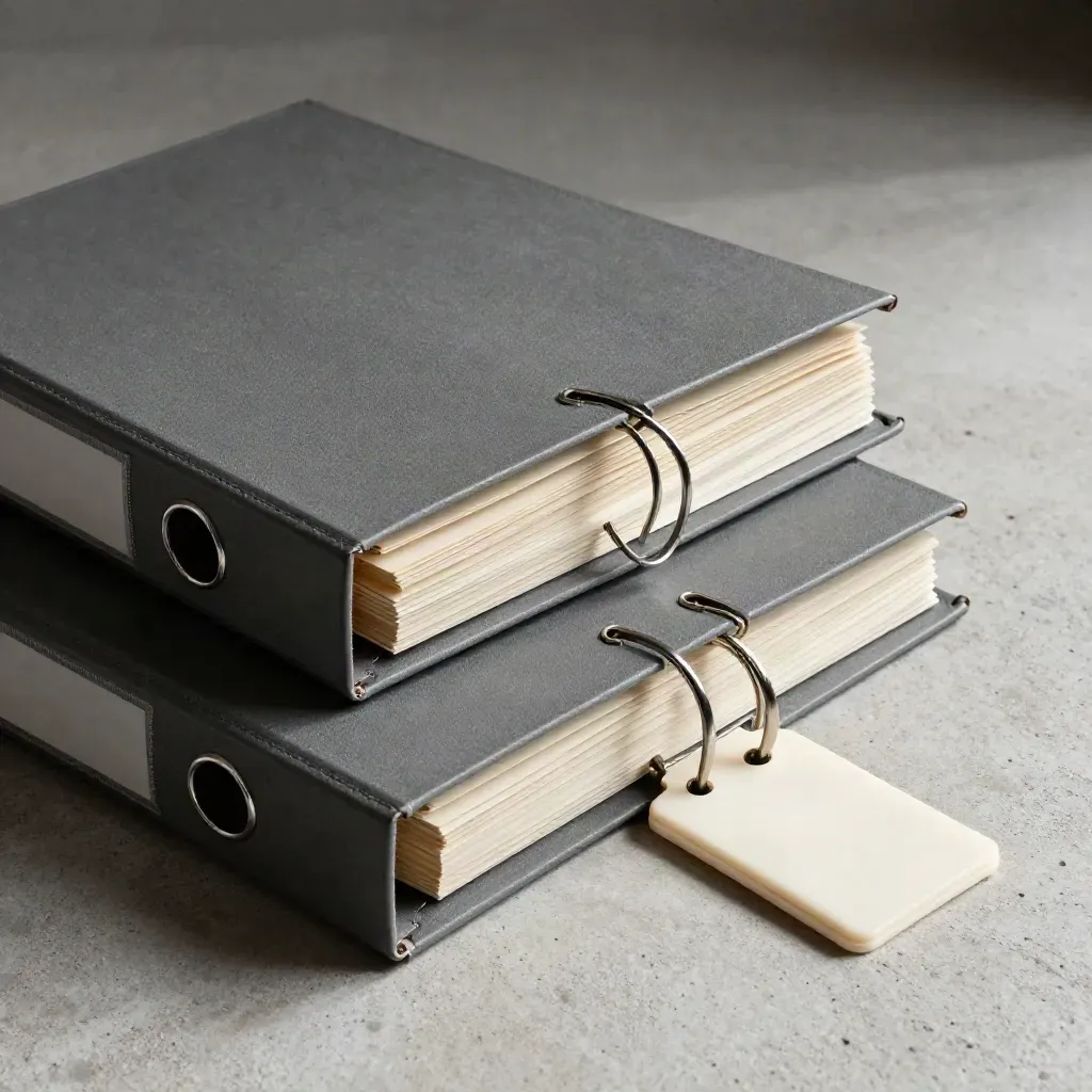 Ringmappen, metalen dividers en een sleutelhoes op een lichte betonnen ondergrond.