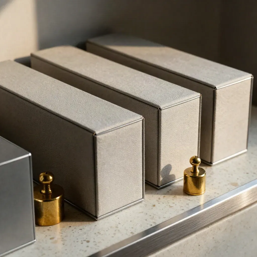 Archiefboxen, messing gewichten en een security token op travertin in zachte schaduw.