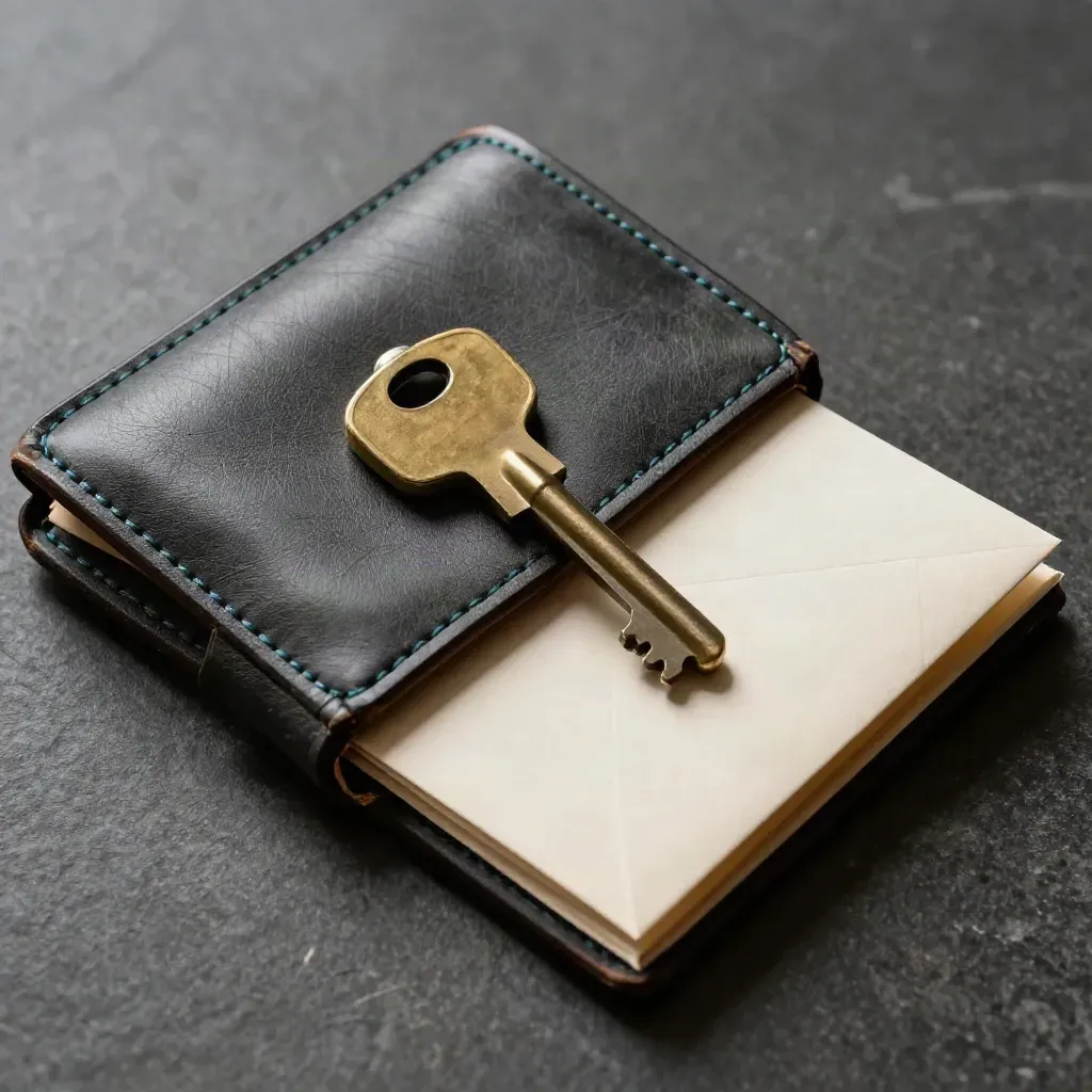 Van boven een leren documentpouch, koperen sleutel en envelophuls op steen.
