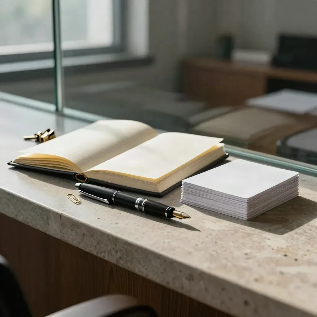 Notitieboek, vulpen en kaartjes naast glas in dramatisch licht voor financieel adviseurs.