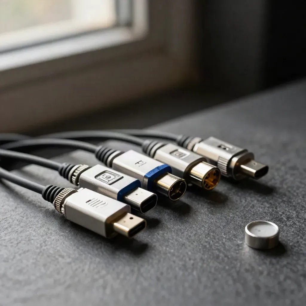 Macro van datakoppelingen: fiberkoppeling en USB-C adapter op donkere grafietsteen.