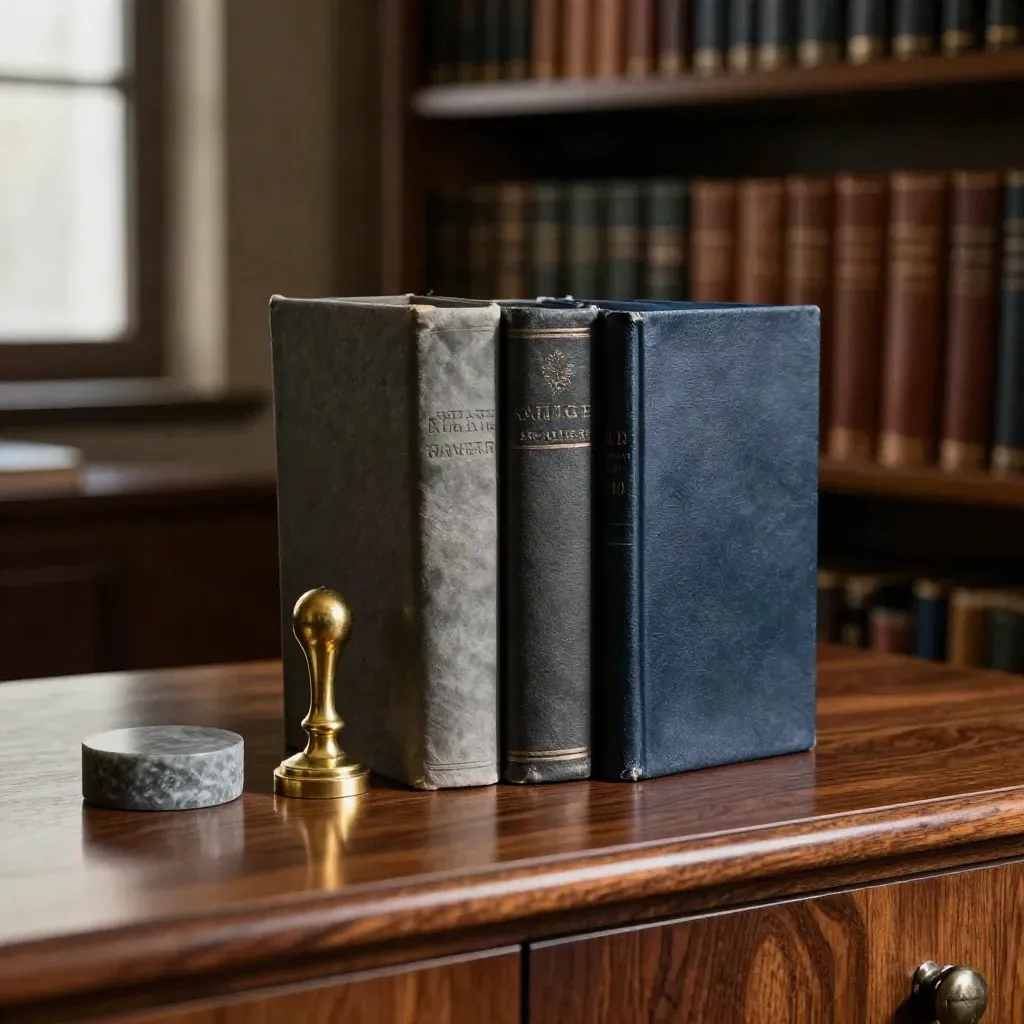 Drie reviewboeken, een messing zegel en stenen presse-papier op donker hout.