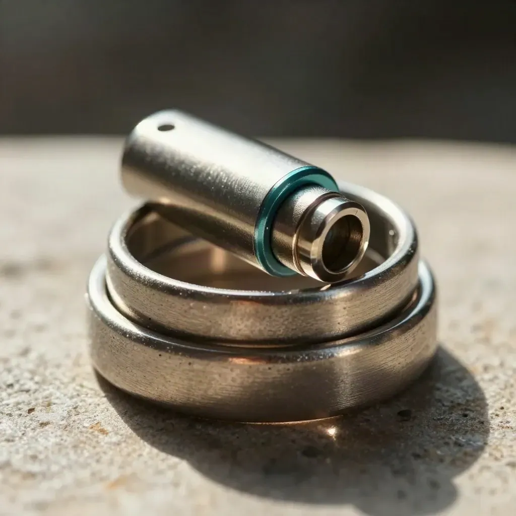 Makrofoto van metalen ringen, connectorblok en klem op donkere achtergrond met teal accent.