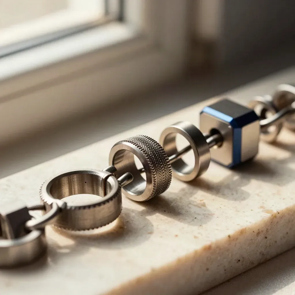 Macro van metalen koppelingen en ringen op travertijn, met een navy accent en zachte schaduw.