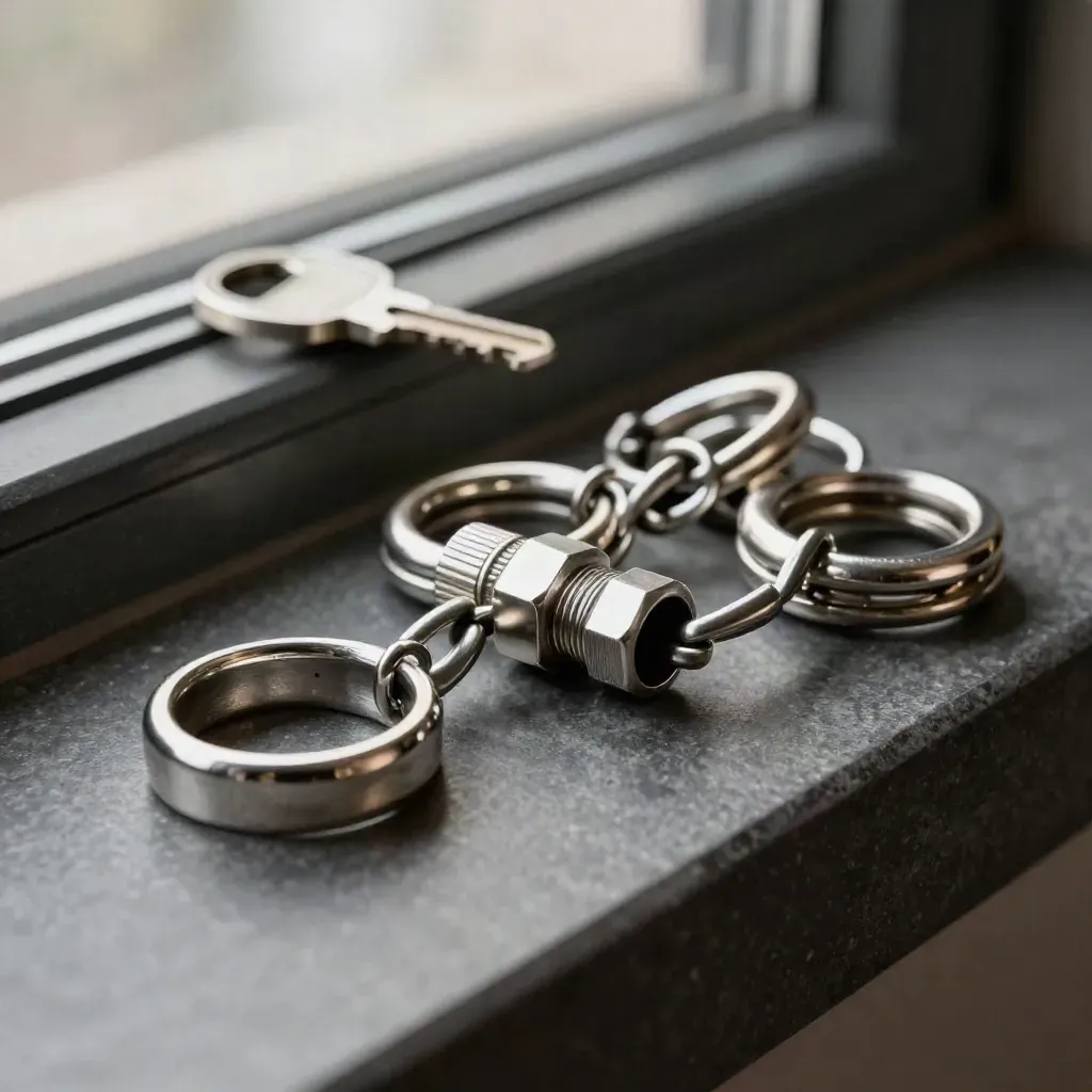 Metalen ringen en hex-couplers in een donker, dramatisch stilleven voor integraties.