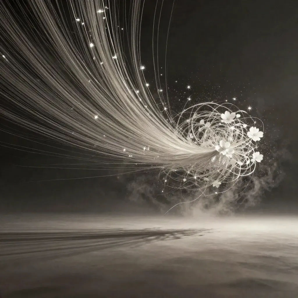 Zilveren lichtdraden vloeien samen in een zachte gloed in een donker abstract vlak.